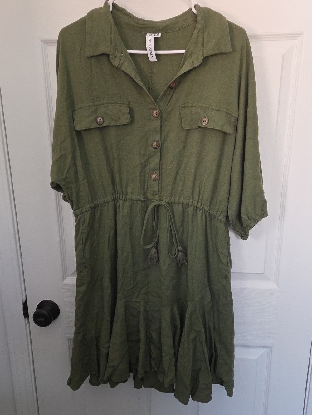Olive Green Midi Shirt Dress with Drawstring Waist